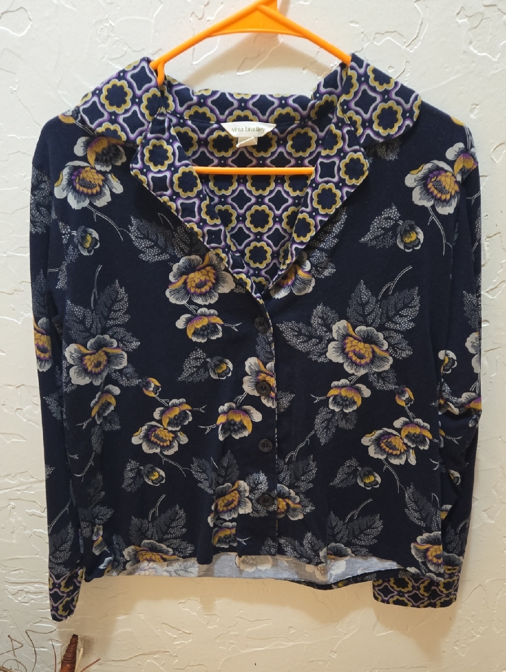 Vera Bradley Navy Floral Button-Down with Yellow and Cream Blooms